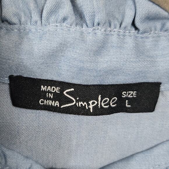 Simplee Women's Large Blue Daisy Floral Puff Sleeve Blouse Ruffle Collar Top - Picture 6 of 7